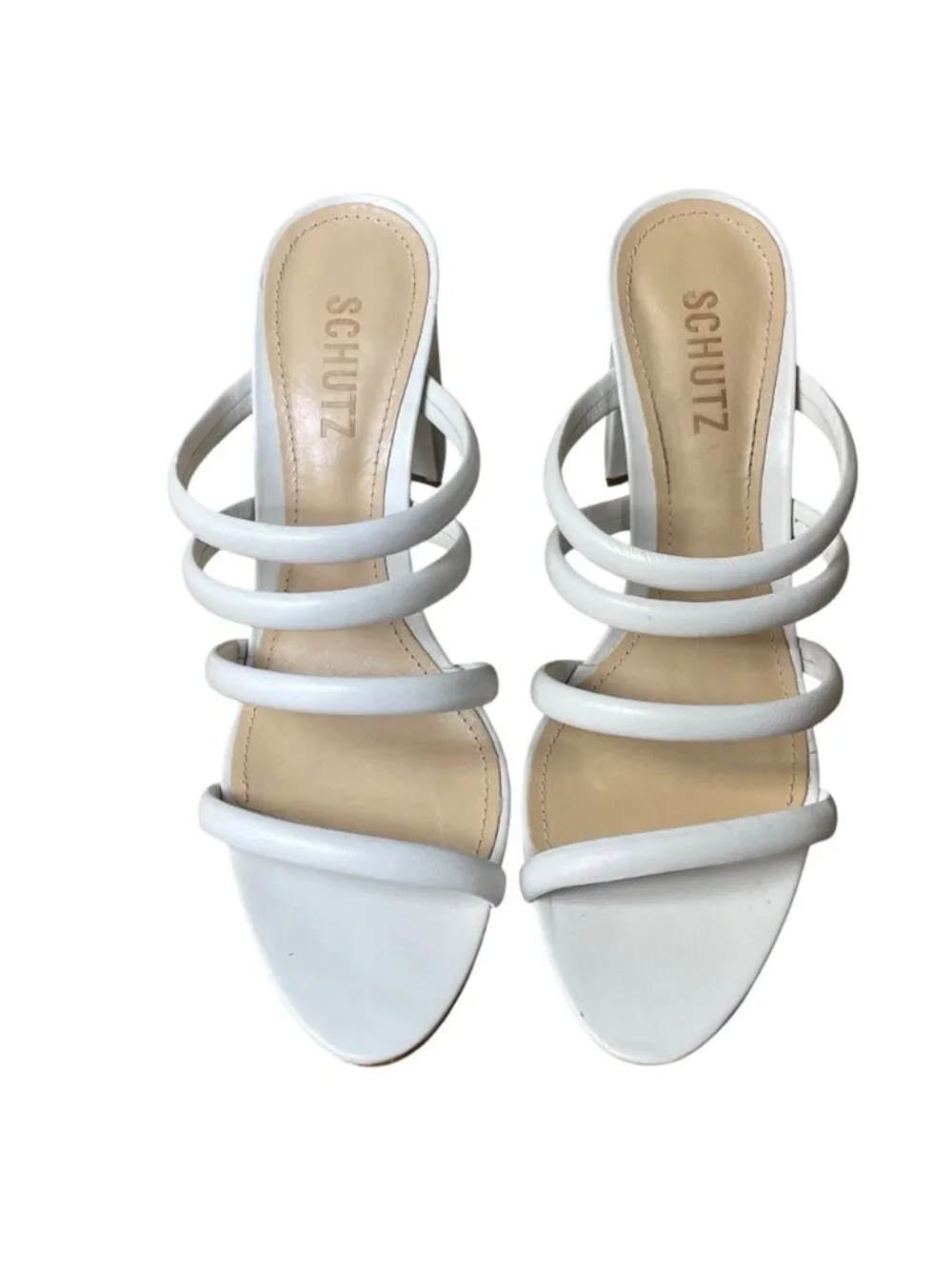 Schutz Felisa Leather Strappy Block Heel Sandals White Sz 8.5 Open Toe